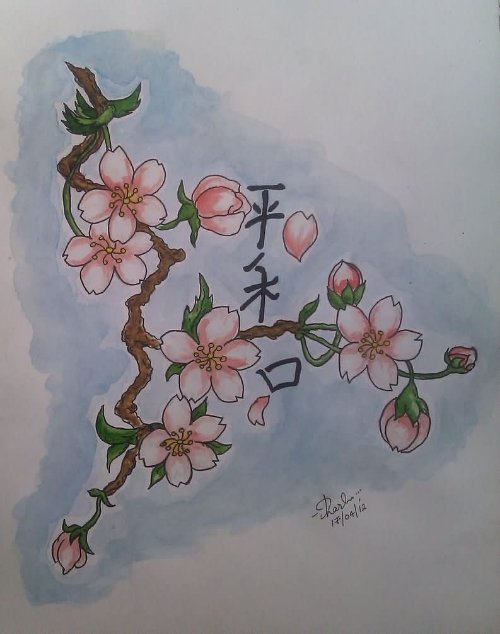 Color Cherry Blosoom Flowers Tattoos Design